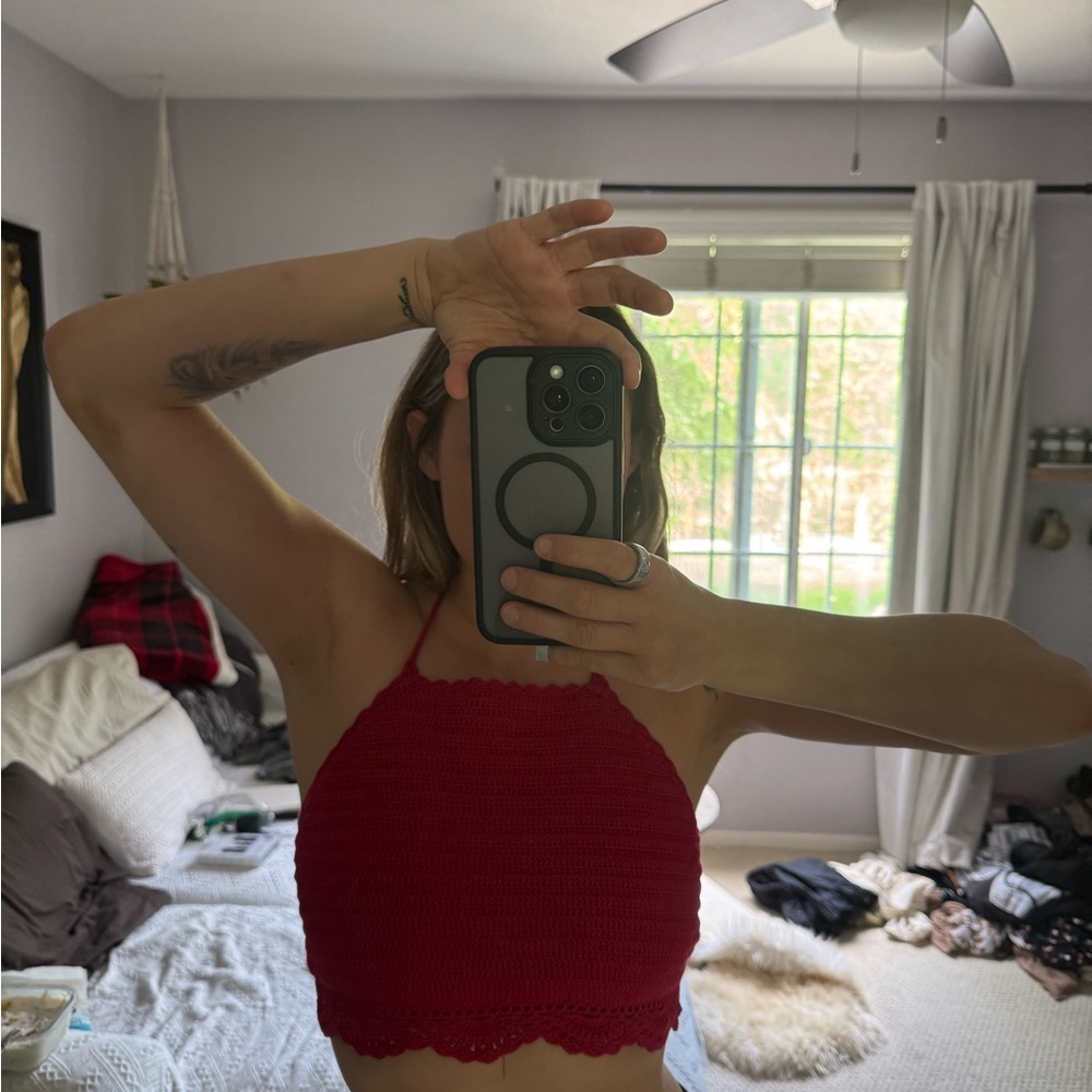 Red Crochet Halter Crop Top